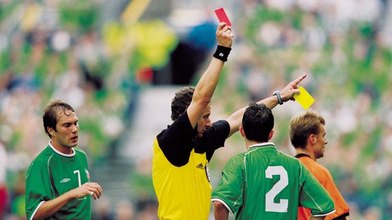 1 Sep 2001:  Gary Kelly of the Republic of Ireland is sent off during the World Cup Qualifier against Holland played at Lansdowne Road in Dublin, Ireland. 