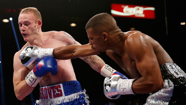 Badou Jack connects with a right to George Groves during their WBC super middleweight title fight at MGM Grand Garden Arena 