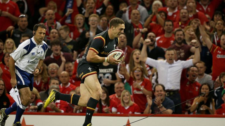 Wales player George North runs in the first try during the International match between Wales and Ireland at Millennium Stadium