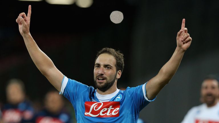 Gonzalo Higuain of Napoli celebrates after scoring his team's second goal during the Serie A match v Juventus