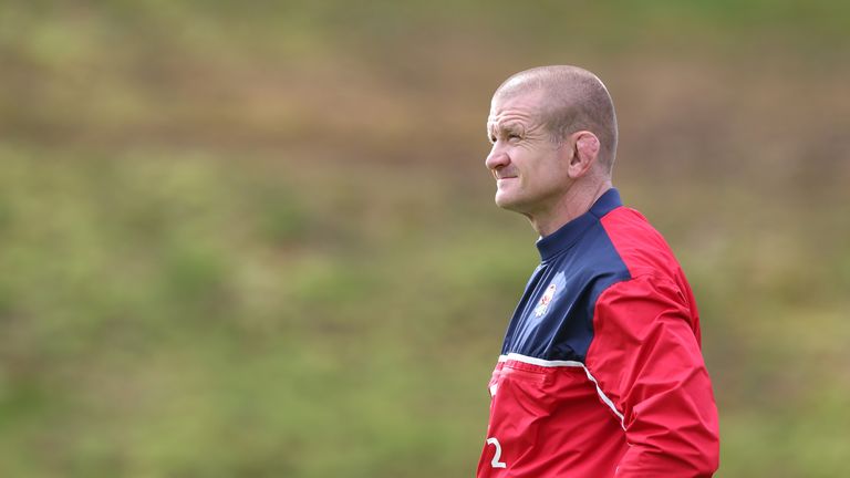 Graham Rowntree, the England forwards coach looks on during the England training session held at Pennyhill Park