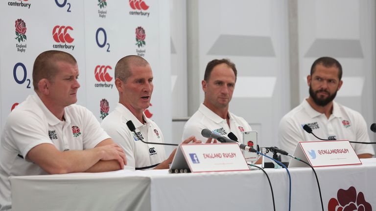 From left, England's management team Graham Rowntree, Stuart Lancaster, Mike Catt and Andy Farrell announce the World Cup squad.