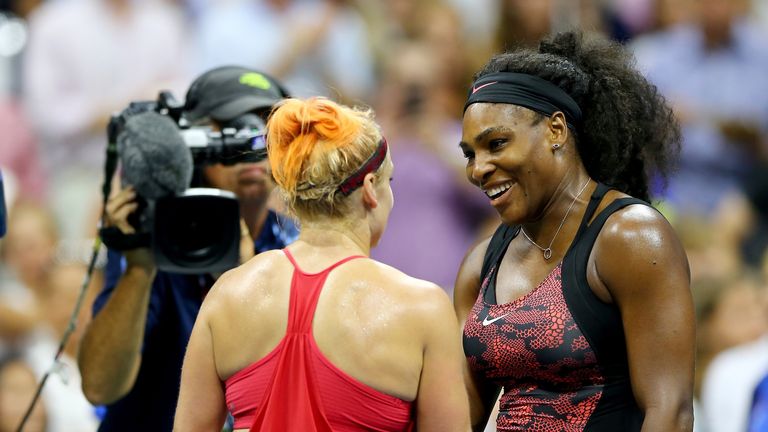 Bethanie Mattek-Sands of the USA congratulates Serena Williams of the USA after the match on Day Five of the 2015 US Open