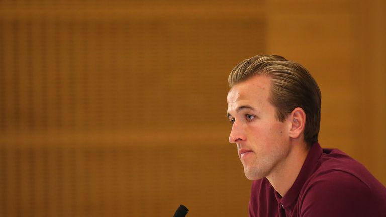 Harry Kane speaks to the media during an England press conference
