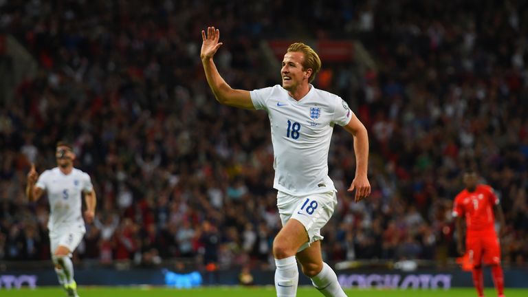 Harry Kane celebrates scoring England's first goal in their  Euro 2016 Group E qualifying match against Switzerland at Wembley on September 8, 2015.