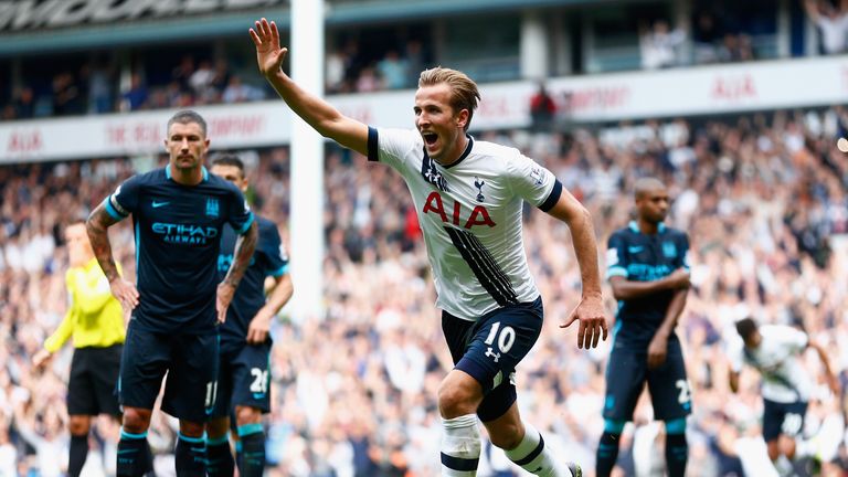 Harry Kane of Tottenham celebrates scoring his team's third goal 