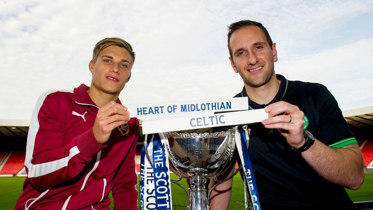 Hearts' Gavin Reilly (left) with Celtic coach John Kennedy as their side's are drawn against each other in the quarter-finals of the Scottish League Cup