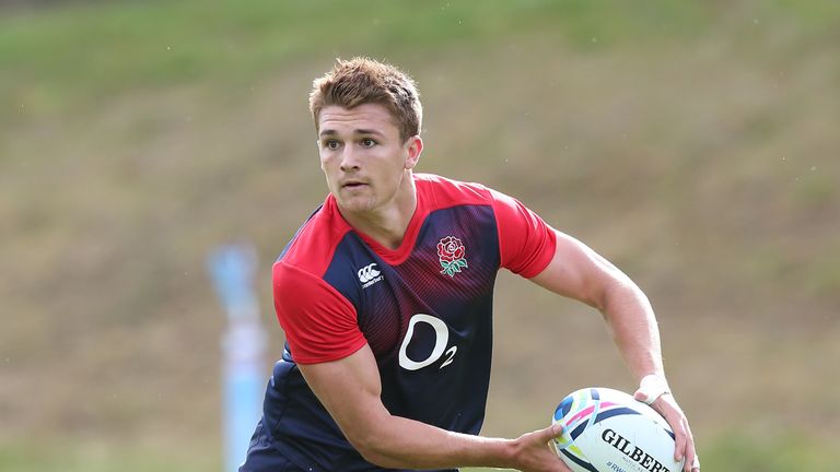 Henry Slade passes the ball during the England training session. Slade is yet to feature in the World Cup.