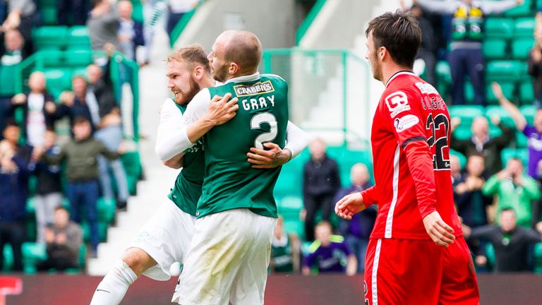 Martin Boyle (left) is congratulated by team mate David Gray after grabbing the equaliser for Hibernian