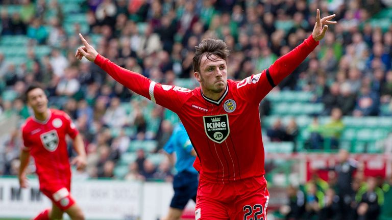 Former Rangers striker Calum Gallagher celebrates putting St Mirren ahead at Hibernian