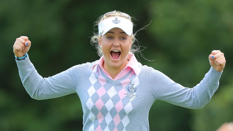 Charley Hull celebrates at  the 18th hole during the morning foursomes matches  in the 2015 Solheim Cup