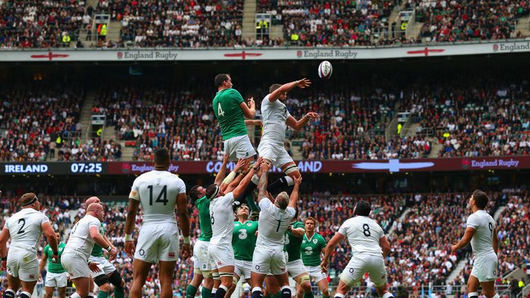 Devin Toner of Ireland and Geoff Parling of England go up for the lineout at Twickenham