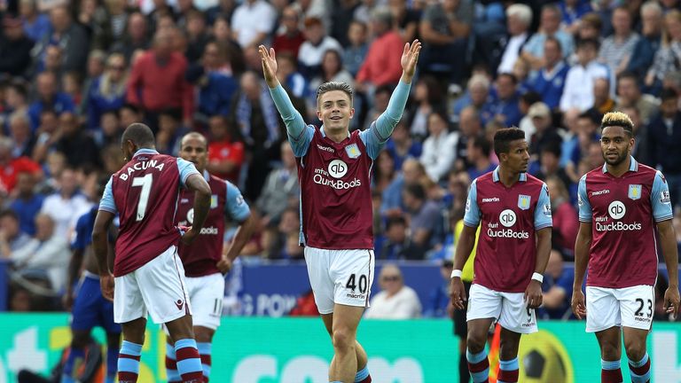 Aston Villa Jack Grealish (C) celebrates after scoring the opening goal of the English Premier League football match between Leicester City and Aston Villa
