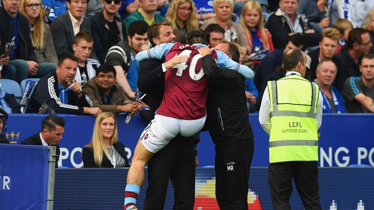 Jack Grealish celebrates with Tim Sherwood after scoring Aston Villa's opening goal against Leicester