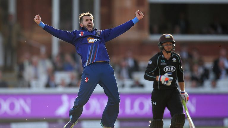 Jack Taylor of Gloucestershire celebrates taking the wicket of Tom Curran of Surrey