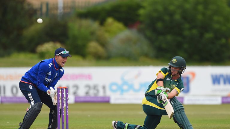 DERBY, ENGLAND - AUGUST 17:  Jake Doran of Australia hits out during the U19 One Day International match between England U-19 and Australia U-19
