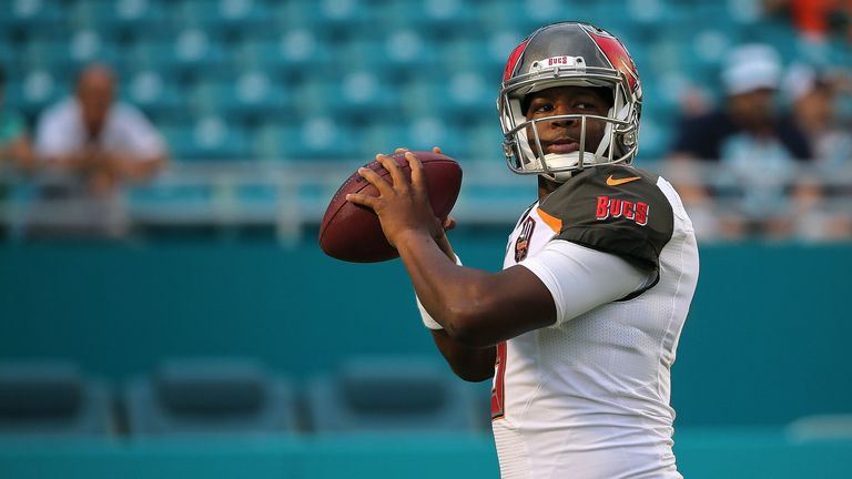 Jameis Winston #3 of the Tampa Bay Buccaneers warms up during a preseason game against the Miami Dolphins at Sun Life St