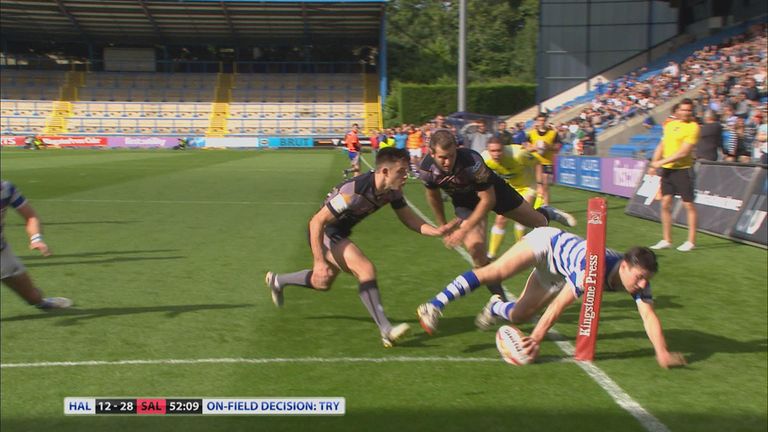 James Saltonstall crossed for Halifax in the corner, although he had to wait for confirmation from the video ref