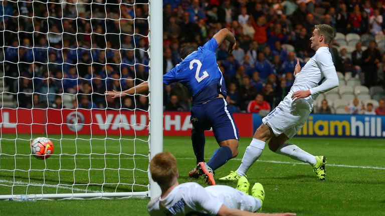 James Wilson (right) scores England U21's winner agaisnt USA's U23 side at Deepdale