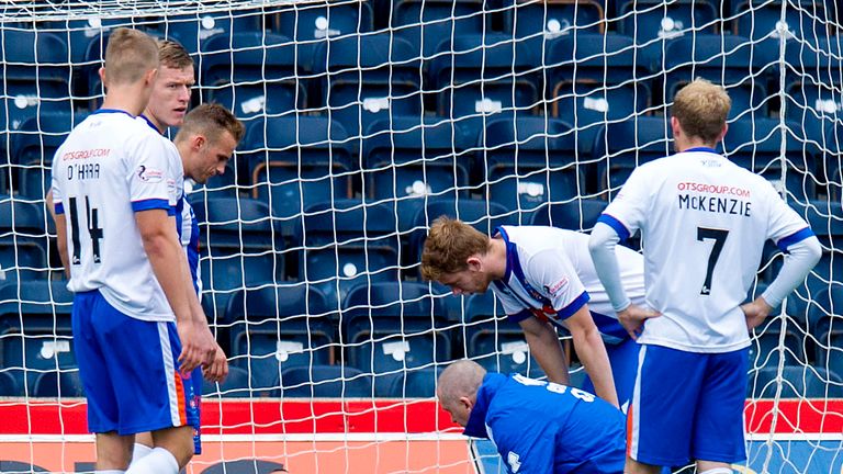 Kilmarnock goalkeeper Jamie MacDonald receives treatment on an injury