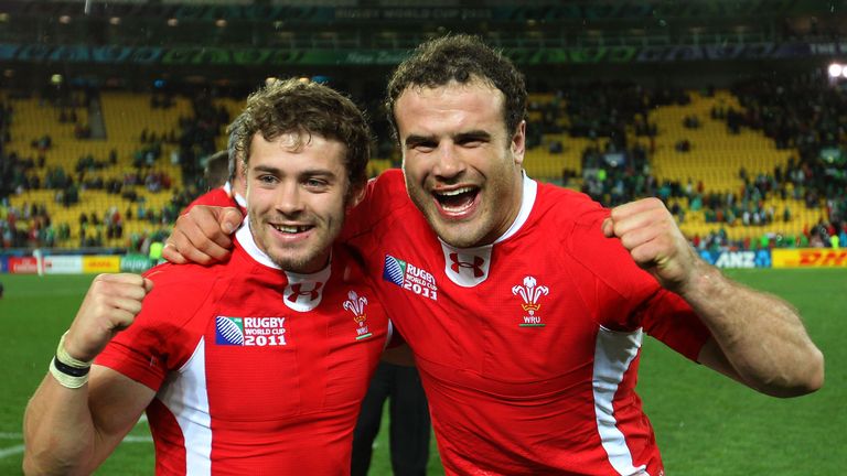 Wales teammates Leigh Halfpenny (L) and Jamie Roberts (R) celebrate in happier times.