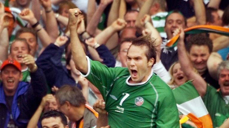 Republic of Ireland's Jason McAteer celebrates after scoring a second half goal with Ian Harte against the Netherlands in a 2001 World Cup qualifier