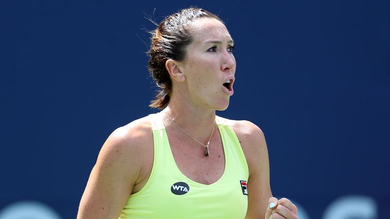 TORONTO, ON - AUGUST 11:  Jelena Jankovic of Serbia celebrates a point against Caroline Garcia of France during Day 2 of the Rogers Cup at the Aviva Centre