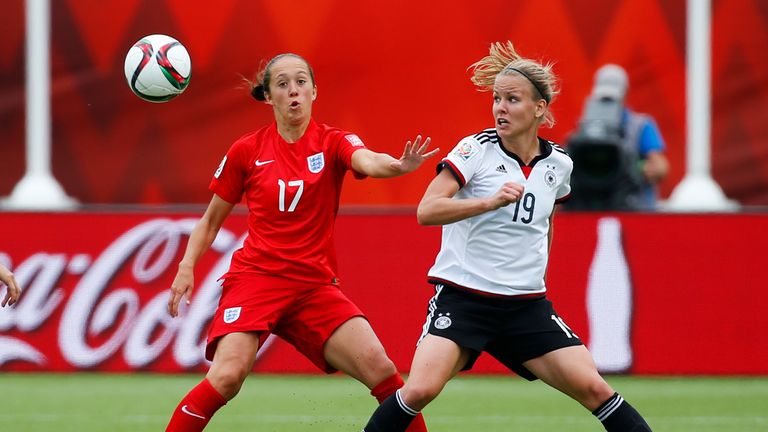 Jo Potter (left) in action for England against Germany at the World Cup