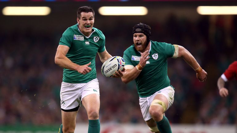 Ireland's Johnny Sexton races clear to score his side's third try of the game during the Rugby World Cup match at The Millennium Stadium, Cardiff.