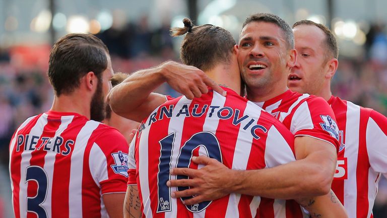 Jonathan Walters (2nd R) of Stoke City celebrates scoring his team's first goal with his team mates during the Premier League match v Bournemouth