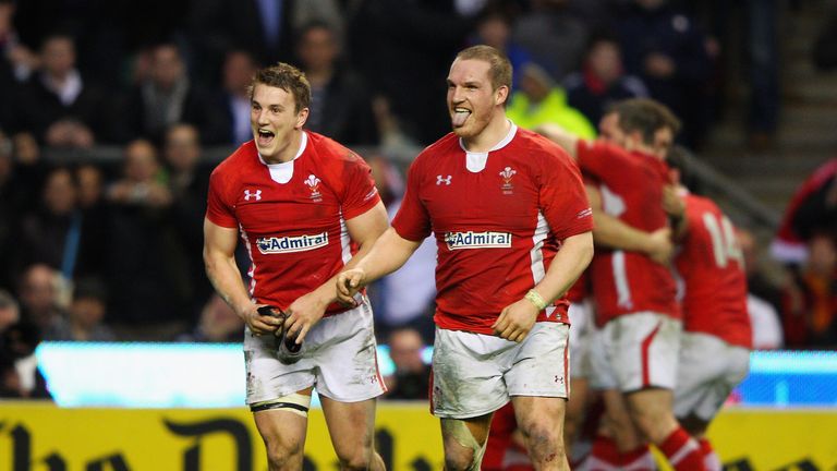 Jonathan Davies (left) celebrates with Gethin Jenkins after beating England at Twickenham in the 2012 Six Nations