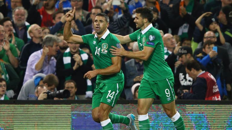 DUBLIN, IRELAND - SEPTEMBER 07:  Jonathan Walters of the Republic of Ireland (14) celebrates with Shane Long (9) as he scores their first goal during the U
