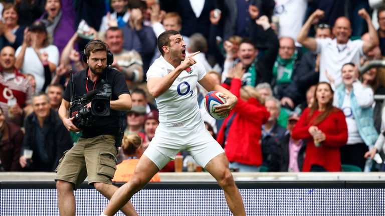 Jonny May of England celebrates