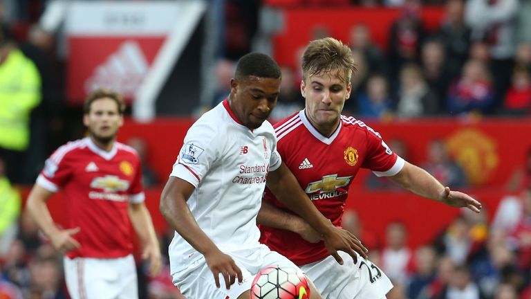 Jordon Ibe is tracked by Luke Shaw during Liverpool's 3-1 loss to Manchester United at Old Trafford on September 12, 2015 
