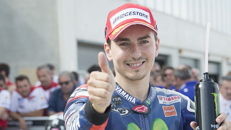 ALCANIZ, SPAIN - SEPTEMBER 26: Jorge Lorenzo of Spain and Movistar Yamaha MotoGP celebrates at the ebdn of the qualifying practice during the MotoGP of Spa