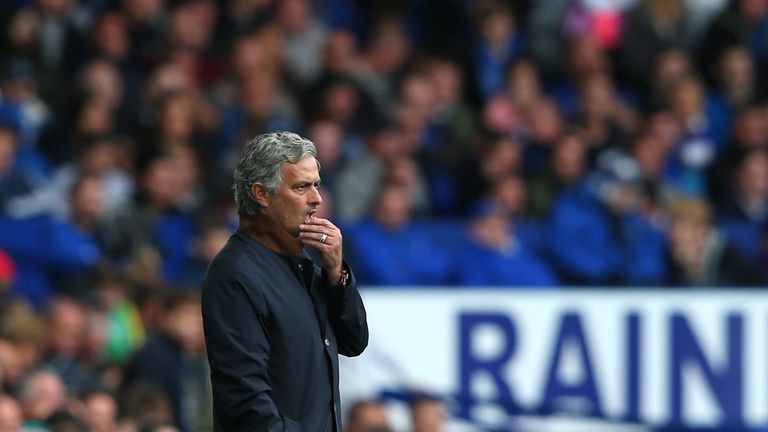 Jose Mourinho, manager of Chelsea looks on during the Barclays Premier League match between Everton and Chelsea