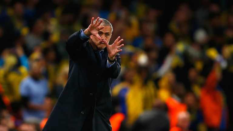 Jose Mourinho reacts on the touchline during the UEFA Chanmpions League group G match between Chelsea and Maccabi Tel-Aviv