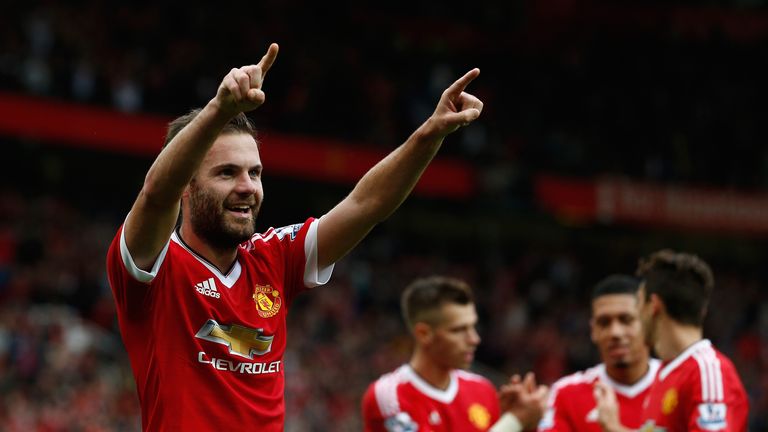 Juan Mata celebrates scoring Man Utd's third goal against Sunderland