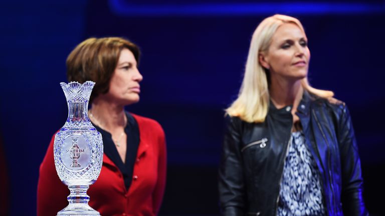 Juli Inkster (left), captain of USA, and Carin Koch, captain of Europe, ahead of the Solheim Cup