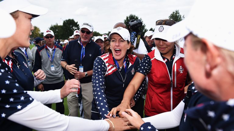 ST LEON-ROT, GERMANY - SEPTEMBER 20: Juli Inkster, captain of team USA celebrates with her players after winning the singles matches of The Solheim Cup at 