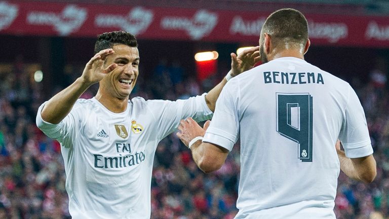 Karim Benzema of Real Madrid CF celebrates after scoring with teammate Cristiano Ronaldo