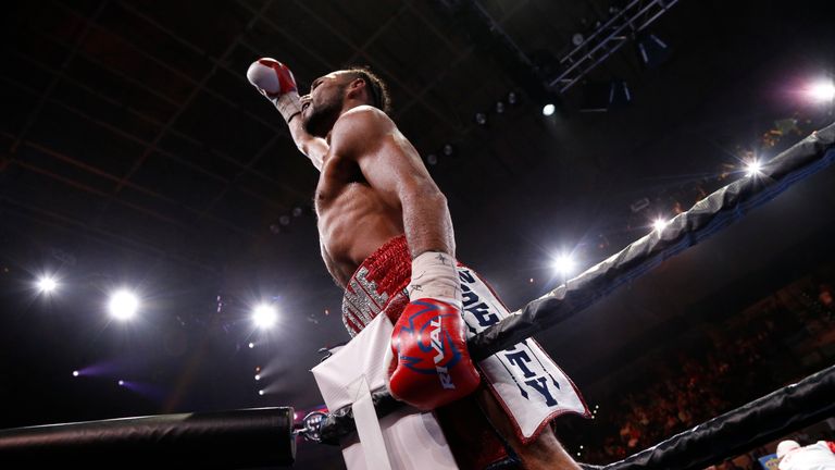 TAMPA, FL - JULY 11:  Keith Thurman celebrates in the ring following a corner stoppage by Luis Collazo during their WBA Welterweight fight on July 11, 2015