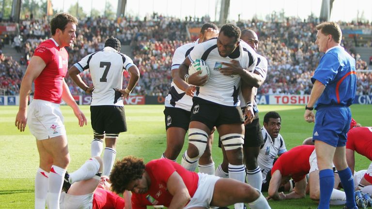 Kele Leawere of Fiji celebrates after scoring against Wales in the 2007 World Cup