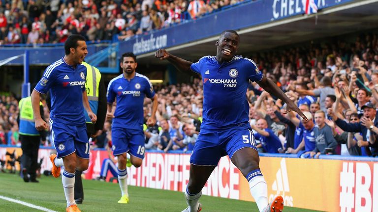 LONDON, ENGLAND - SEPTEMBER 19:  Kurt Zouma (1st R) of Chelsea celebrates scoring his team's first goal during the Barclays Premier League match between Ch