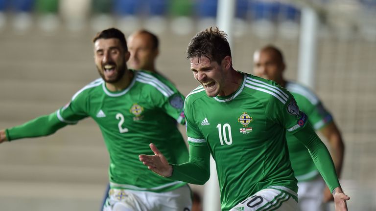 Kyle Lafferty of Northern Ireland celebrates after scoring during the Euro 2016 Group F qualifying match v Hungary at Windsor Park 