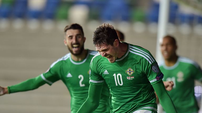 BELFAST, NORTHERN IRELAND - SEPTEMBER 7:  Kyle Lafferty of Northern Ireland celebrates after scoring a late equaliser during the Euro 2016 Group F qualifyi