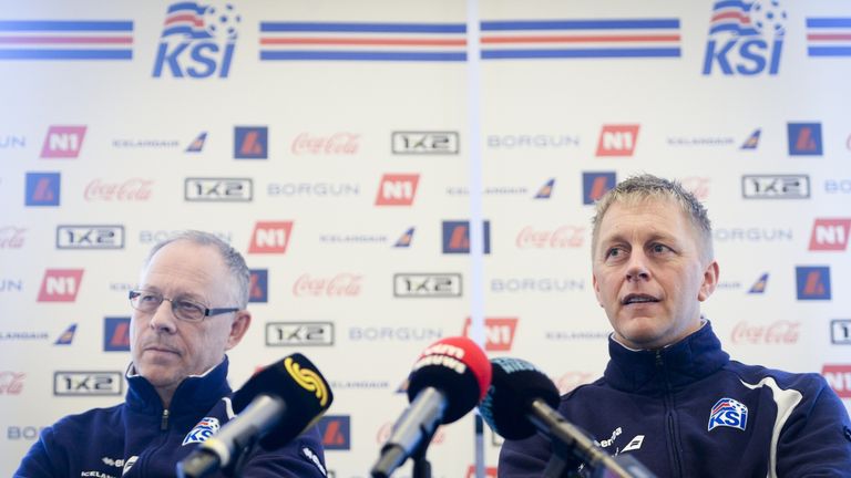 Iceland's national football team head coaches Lars Lagerback and Heimir Hallgrimsson give a press conference in Brussels on November 11, 2014 on the eve of