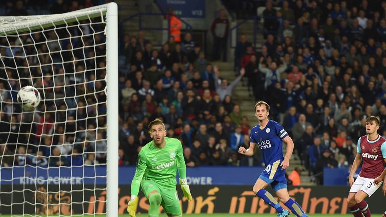 Andy King of Leicester scores to make it 2-1 during the Capital One Cup Third Round match between Leicester City and West Ham