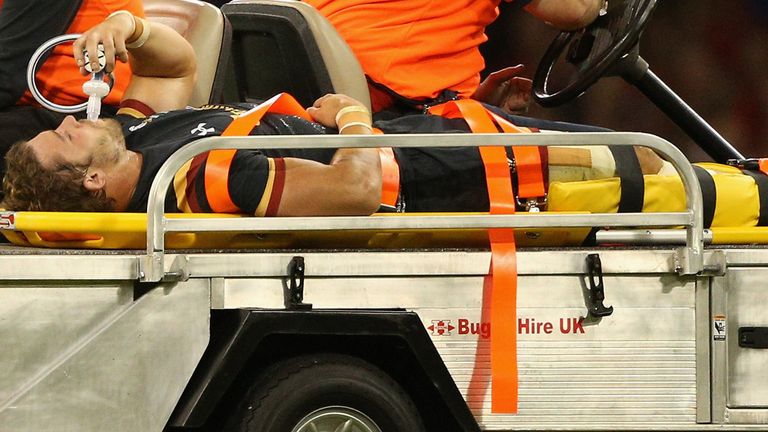 Leigh Halfpenny is stretchered off at the Millennium Stadium on Saturday