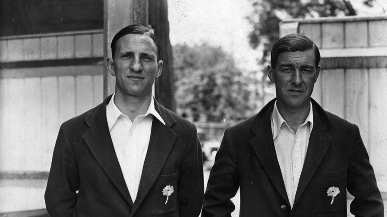 12th July 1946:  Norman W. D. Yardley (R) and Len Hutton, cricketers of Yorkshire and England.  (Photo by Topical Press Agency/Getty Images)